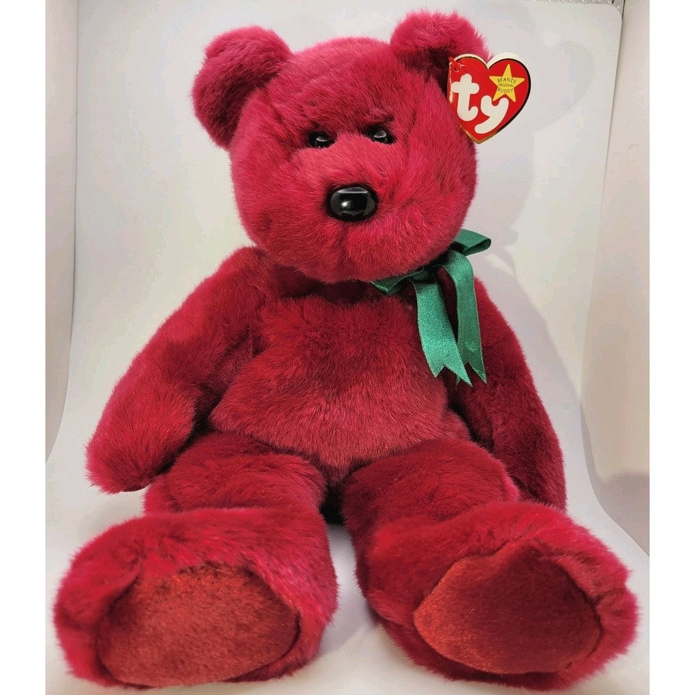 TY Beanie Buddies Teddy Bear 1998 Cranberry Red Green Bow Plush 14" Original Tag